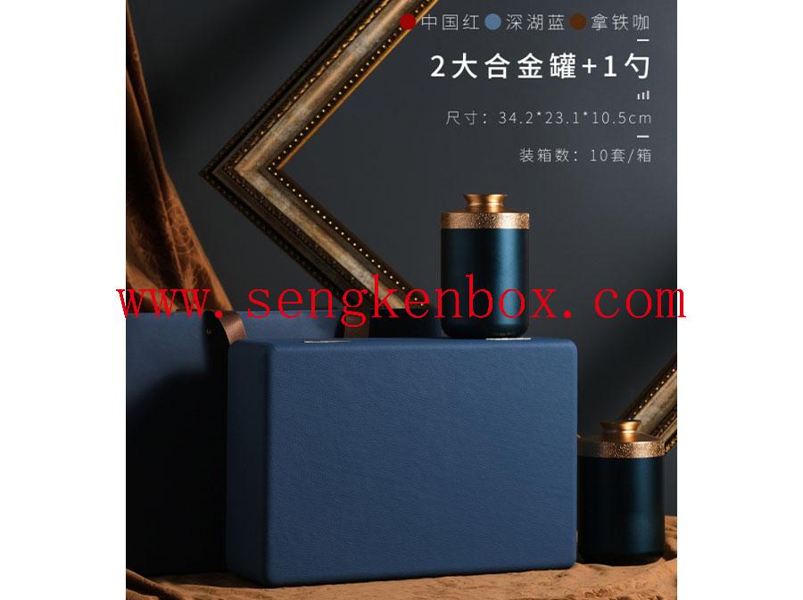 Skórzane pudełko upominkowe na herbatę w kolorze ciemnoniebieskim
